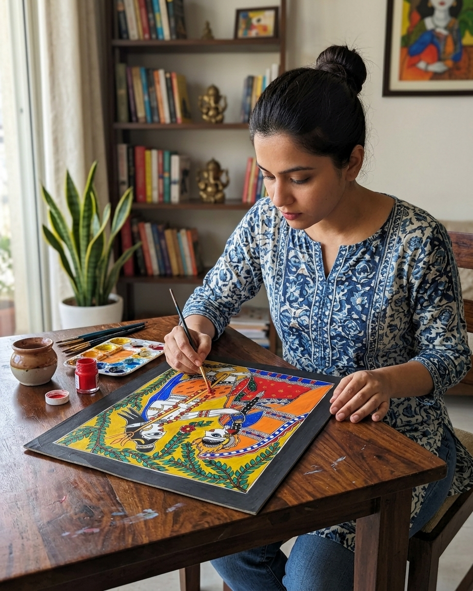 Shiv Parvati Madhubani Painting Handmade Paper Wall Art Without Frame
