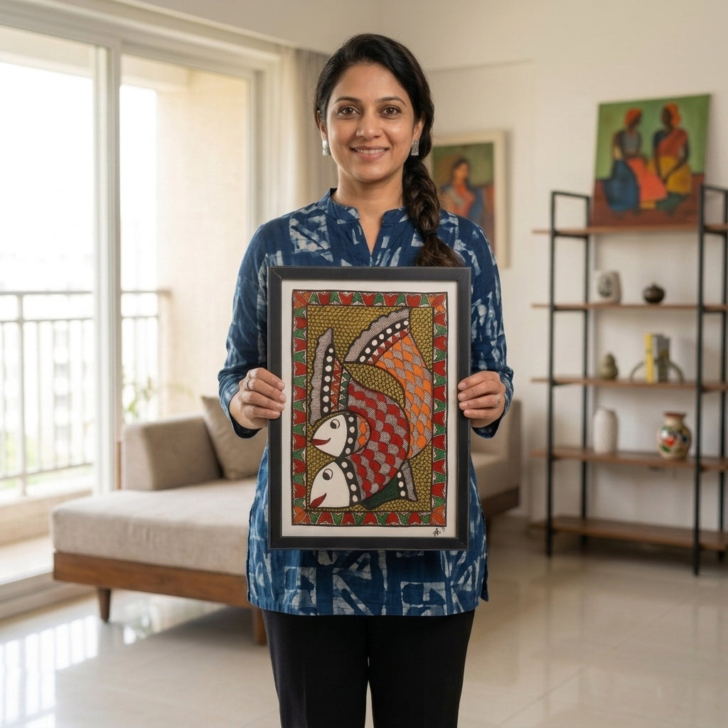 Fish Madhubani Painting Framed A4 –  Wall Art Decor