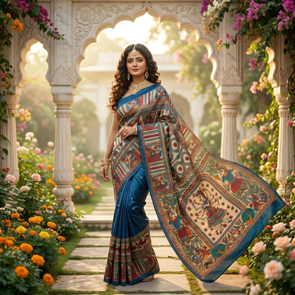 Blue Handmade Madhubani Painting  Saree with Blouse