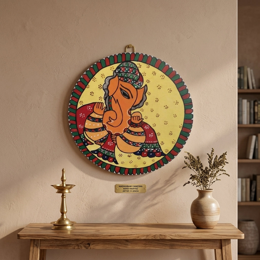 Handmade Ganesha Madhubani Painting Wall Art on MDF Board – Traditional Mithila Home Decor