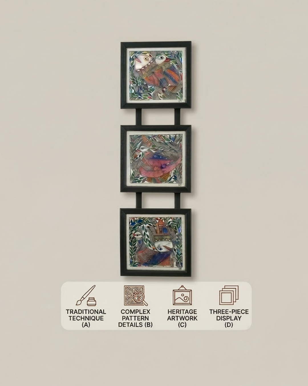 Fish & Peacock Madhubani Triple Frame Wall Hanging – Handmade Decor