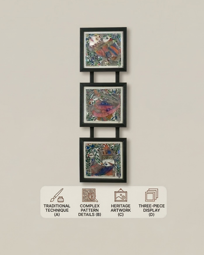 Fish & Peacock Madhubani Triple Frame Wall Hanging