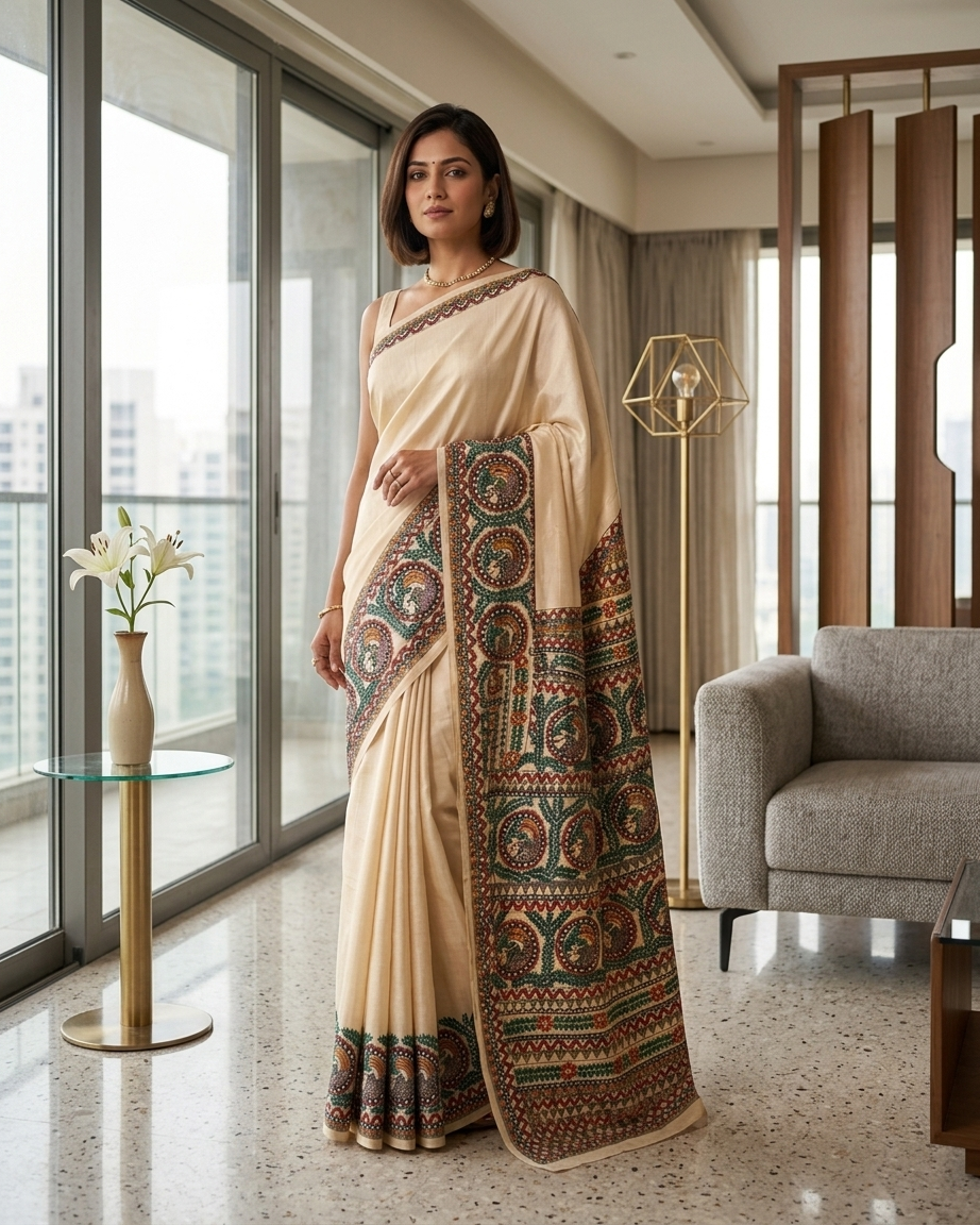 Handmade Madhubani Painting Saree with Blouse | Hand-Painted Ethnic Saree for Women