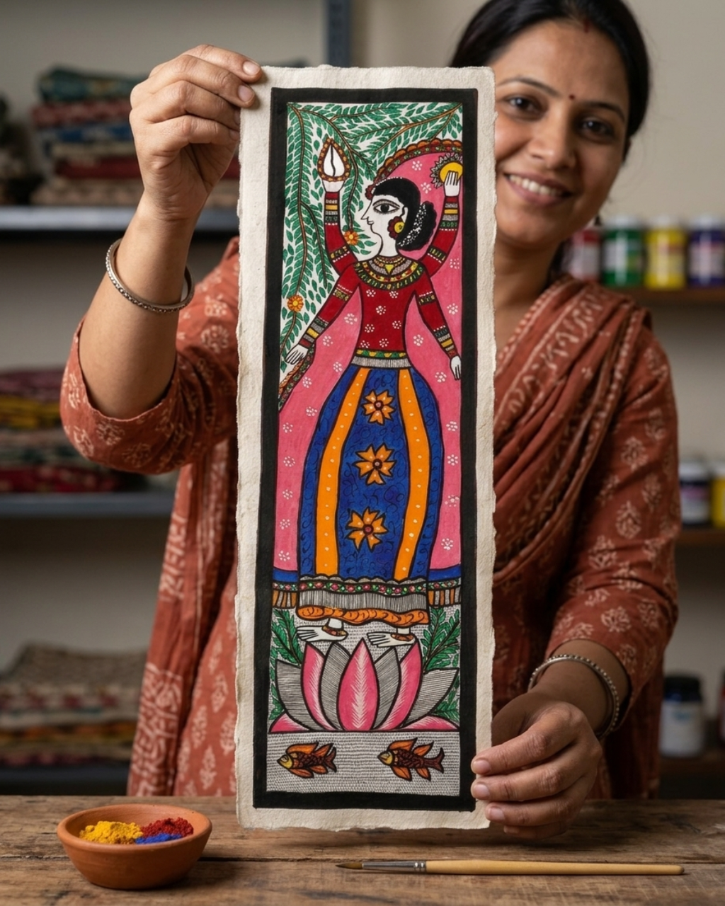 Mata Laxmi Madhubani Painting on Handmade Paper (10x30 Inch) – Traditional Mithila Folk Art Wall Decor