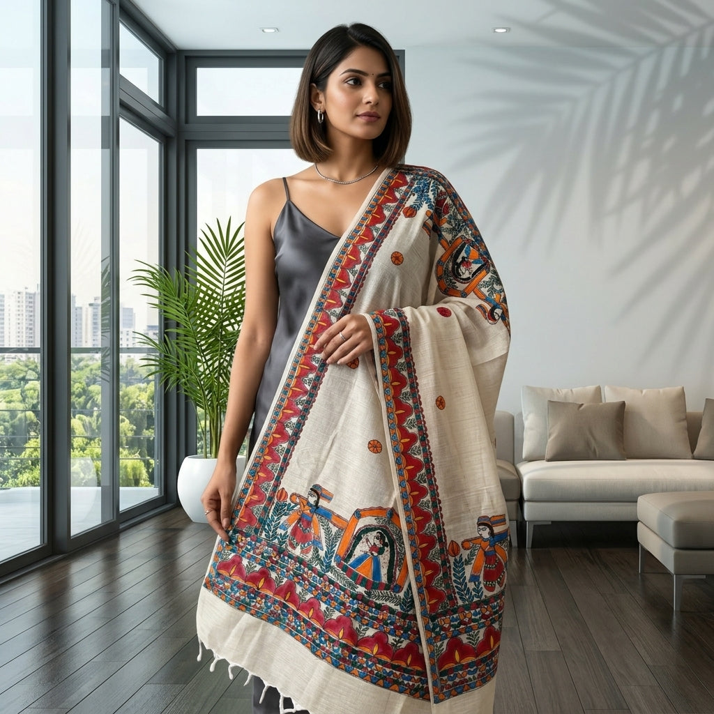 Handmade Madhubani Painting  Dupatta for Women – Handcrafted Ethnic