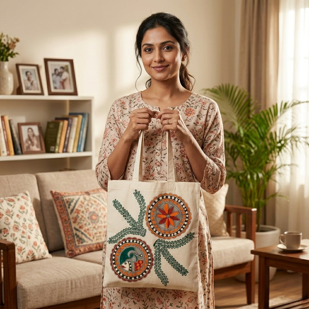 Madhubani Painting Tote Bag – Handmade Folk Art Carry Bag for Shopping, Travel & Daily Use