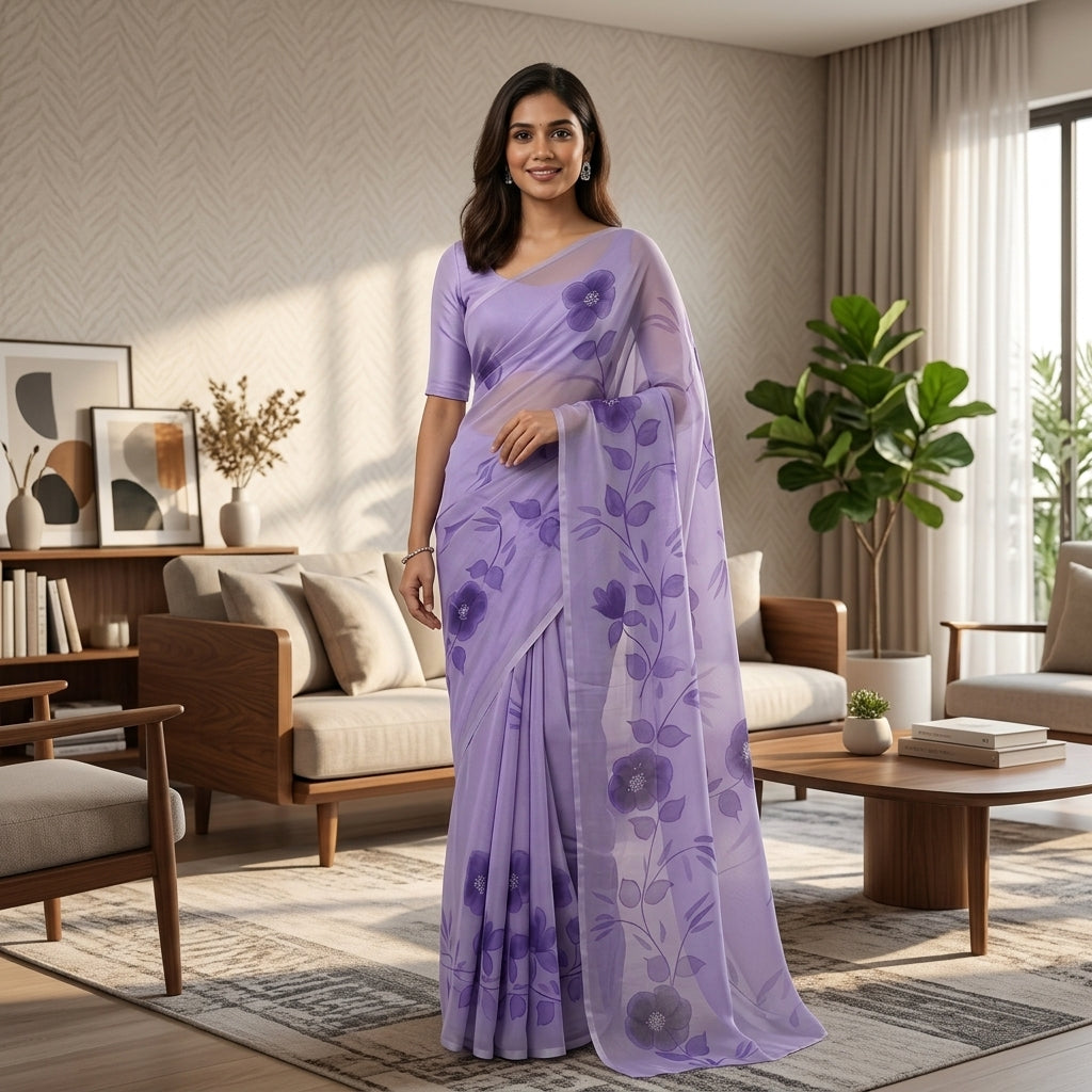 Lavender Floral Handmade Madhubani Painting Saree with Blouse – Handcrafted Mithila Art