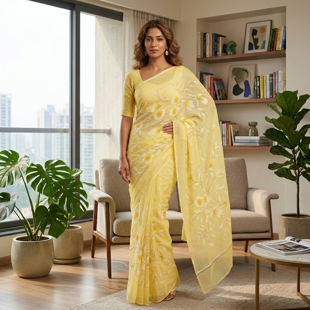 Light Yellow Floral Handmade Madhubani Painting Saree with Blouse