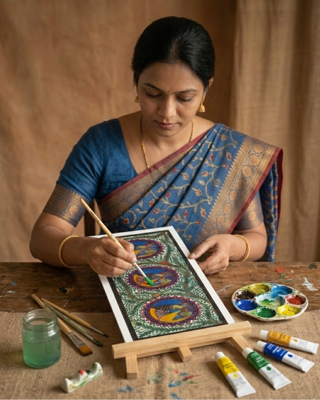 Peacocks and Fish Madhubani Painting on Handmade Paper (11x28 Inch) – Traditional Mithila Folk Art Wall Decor