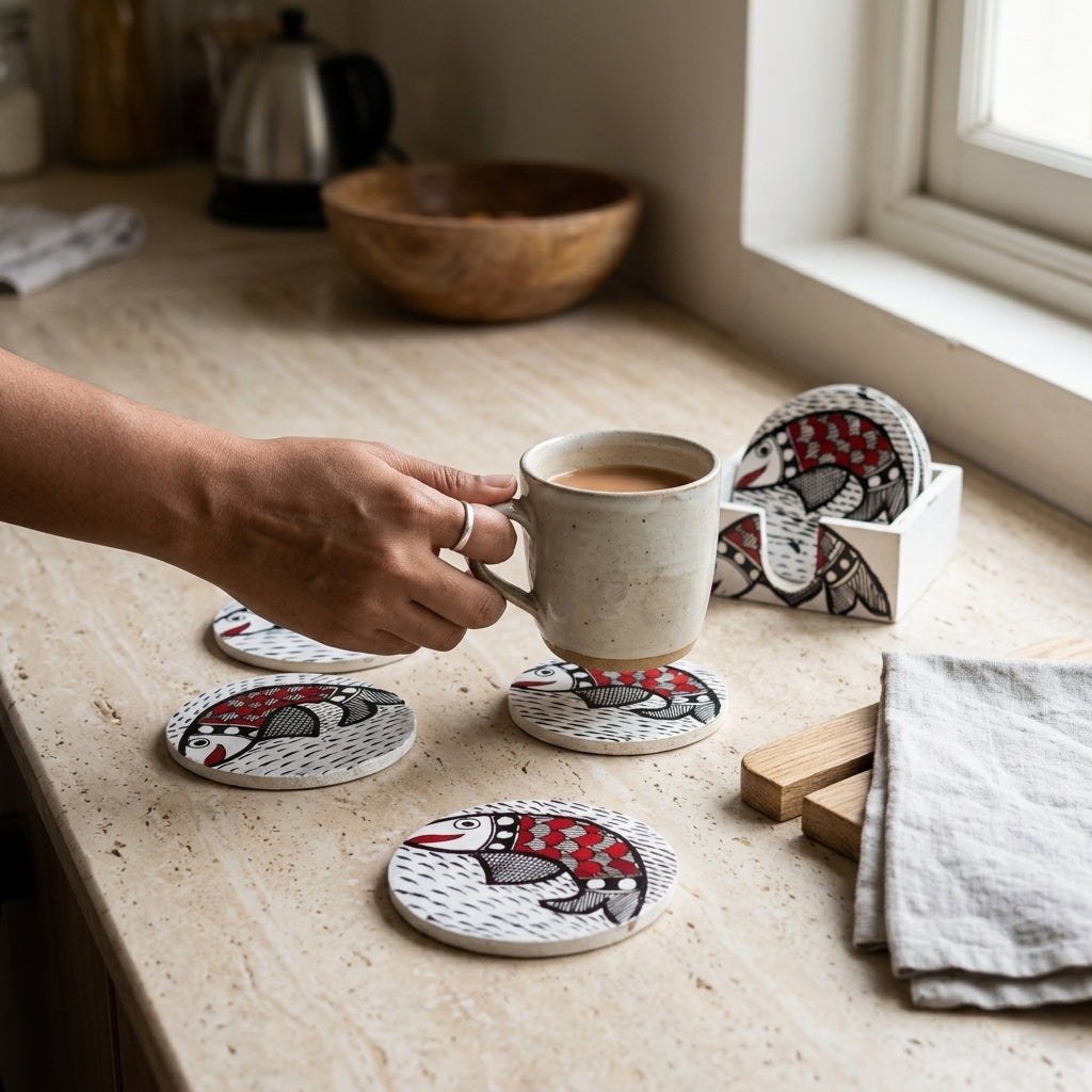 Handmade Fish Design Coaster Set with Stand | Madhubani Painting Tea Coasters Set of 6