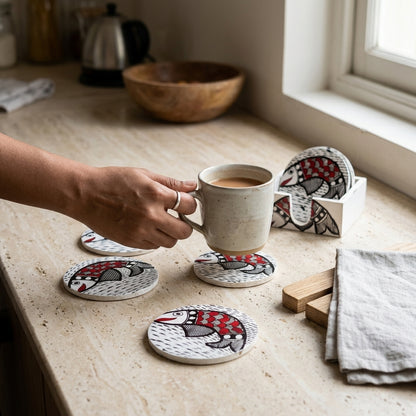 Handmade Fish Design Madhubani Coaster Set with Stand