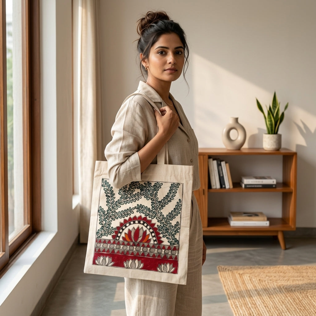 Madhubani Painting Tote Bag – Handmade Art Bag for Shopping, Travel & Daily Use