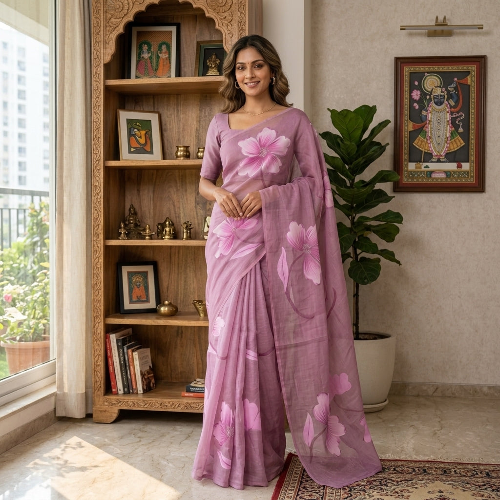 Dusty Pink Floral Handmade Madhubani Painting Pure Saree with Blouse – Handcrafted Mithila Art