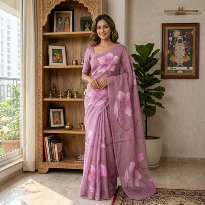 Dusty Pink Floral Madhubani Saree with Blouse