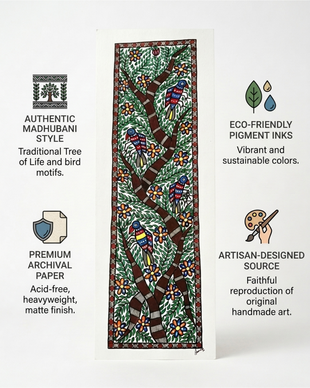 Tree of Life Madhubani Painting with Birds | Handmade Wall Art
