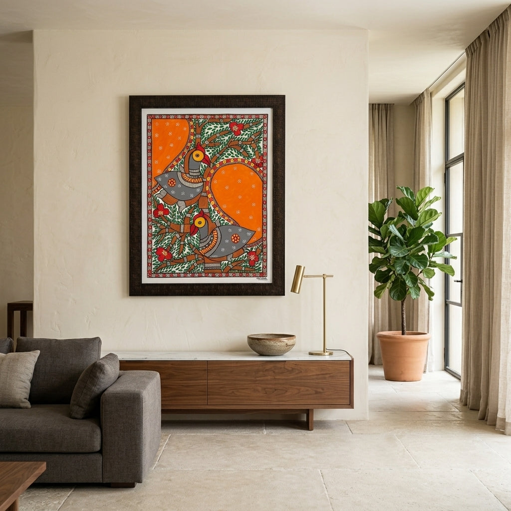 Peacock Madhubani Painting  with Frame – Traditional Indian Wall Art