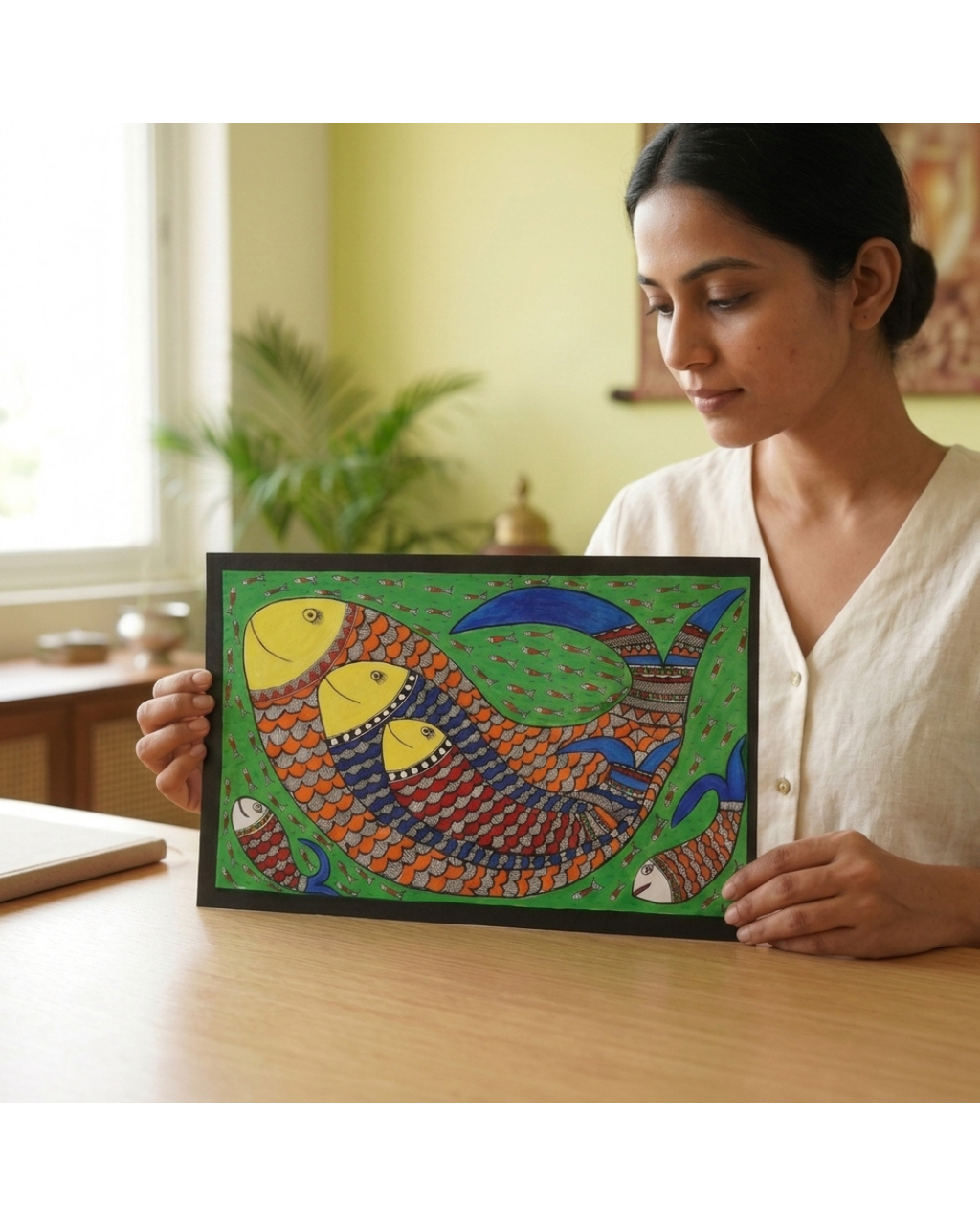 Fish Madhubani Painting on Handmade Paper (14x22 Inch) – Traditional Mithila Folk Art Wall Decor