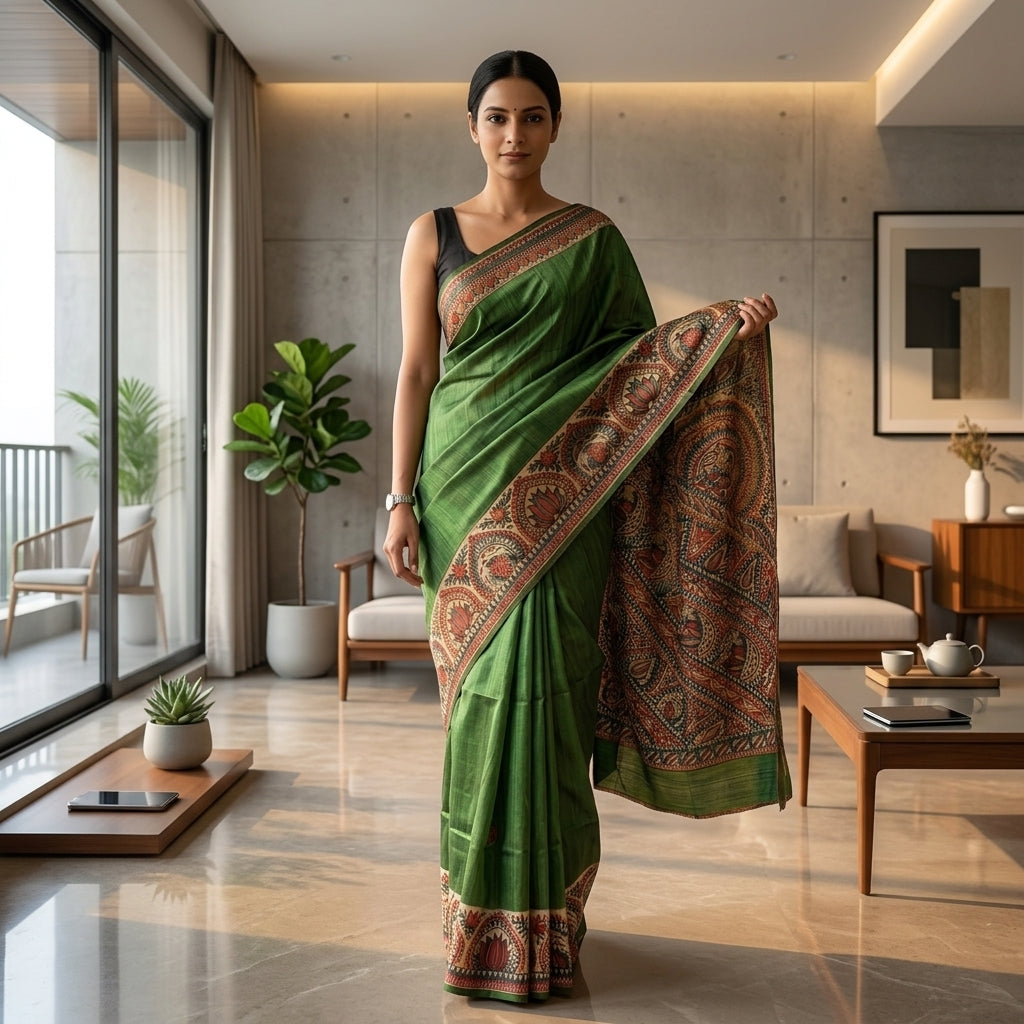Green Handmade Madhubani Painting Saree with Blouse