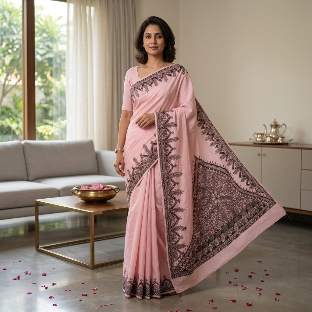 Handmade Madhubani Painting Saree with Blouse for Women