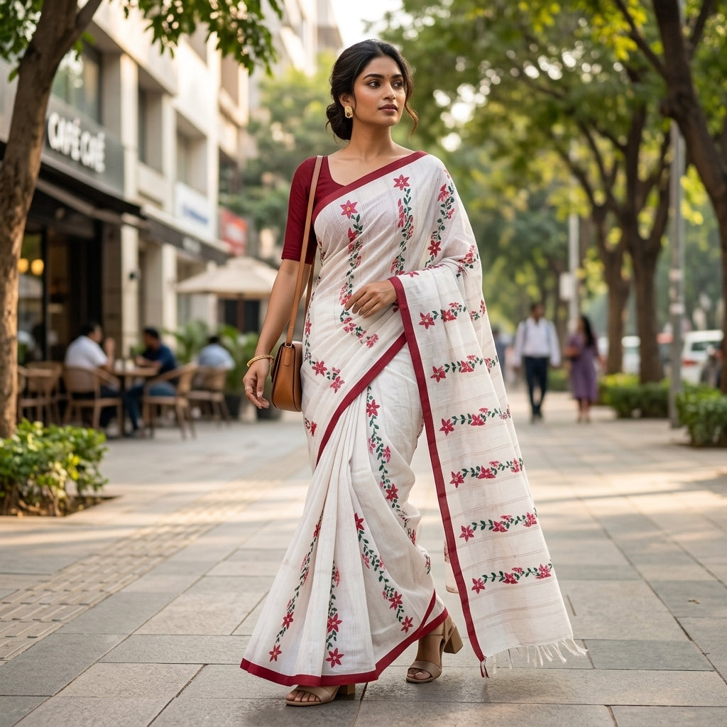 Red & White Floral Handmade Madhubani Painting Saree with Blouse