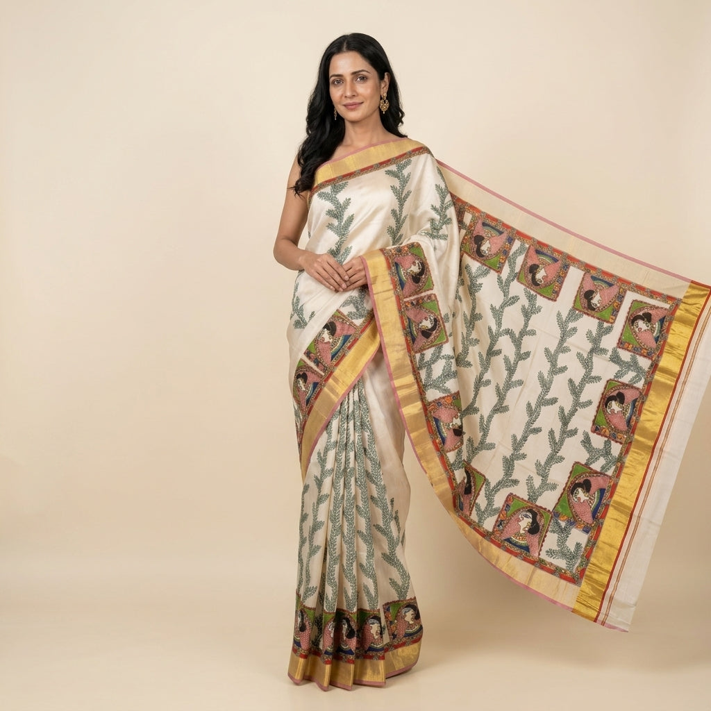 Cream Colour Handmade Madhubani Painting Saree with Blouse