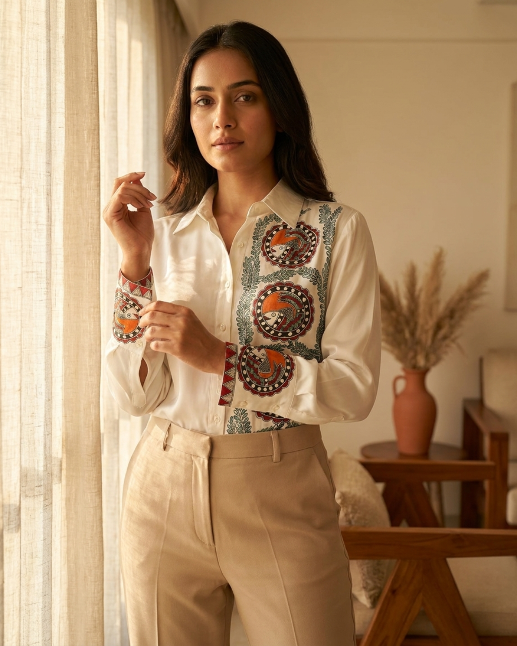 Women Madhubani Painting Shirt (Size L) – Handcrafted Designer Ethnic Wear