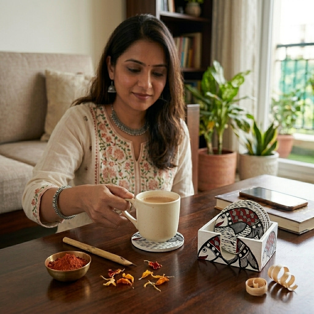 Handmade Fish Design Coaster Set with Stand | Madhubani Painting Tea Coasters Set of 6