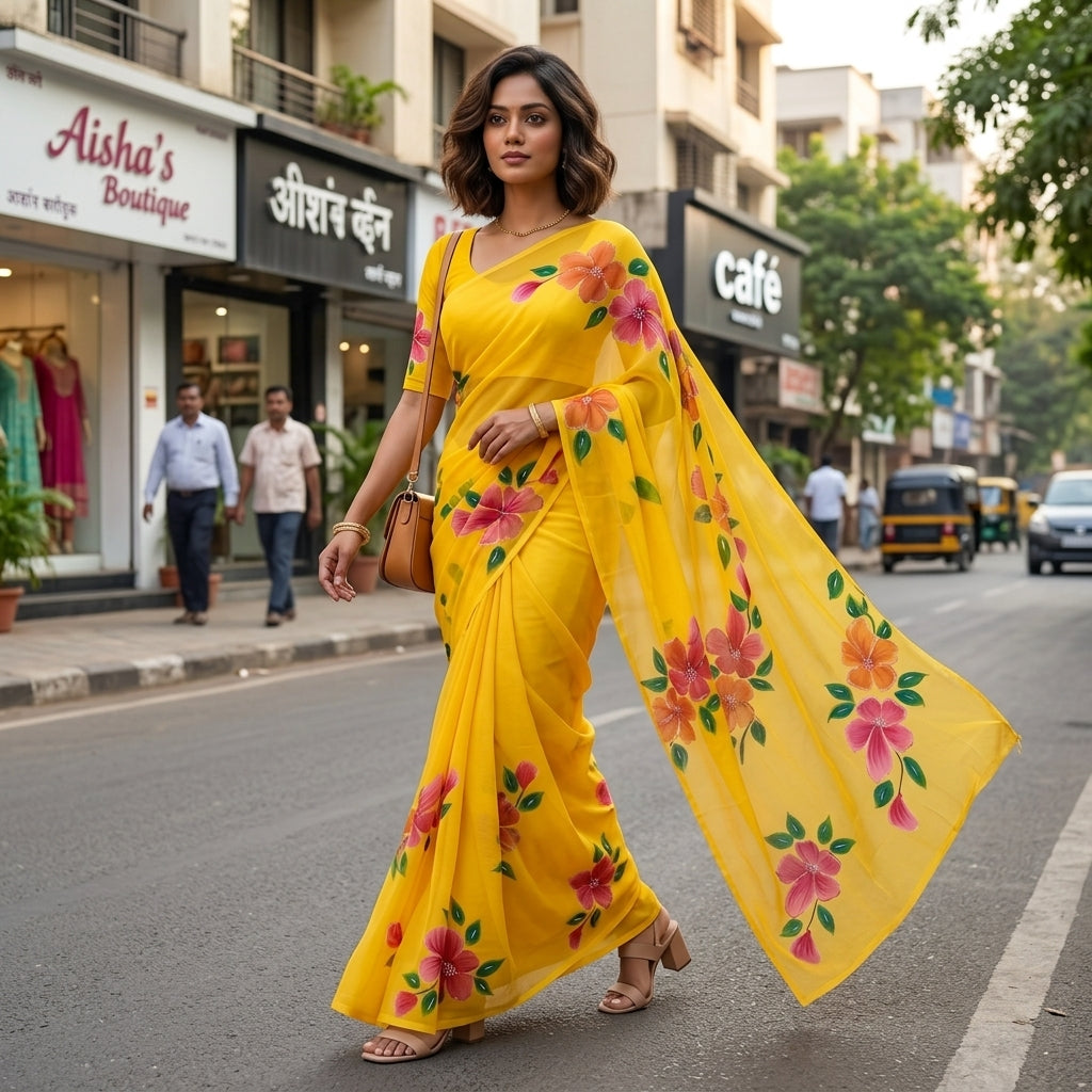 Bright Yellow Floral Handmade Madhubani Painting Saree with Blouse
