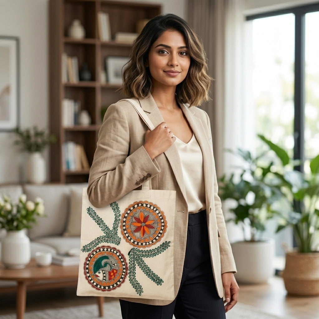 Madhubani Painting Tote Bag – Handmade Folk Art Carry Bag for Shopping, Travel & Daily Use