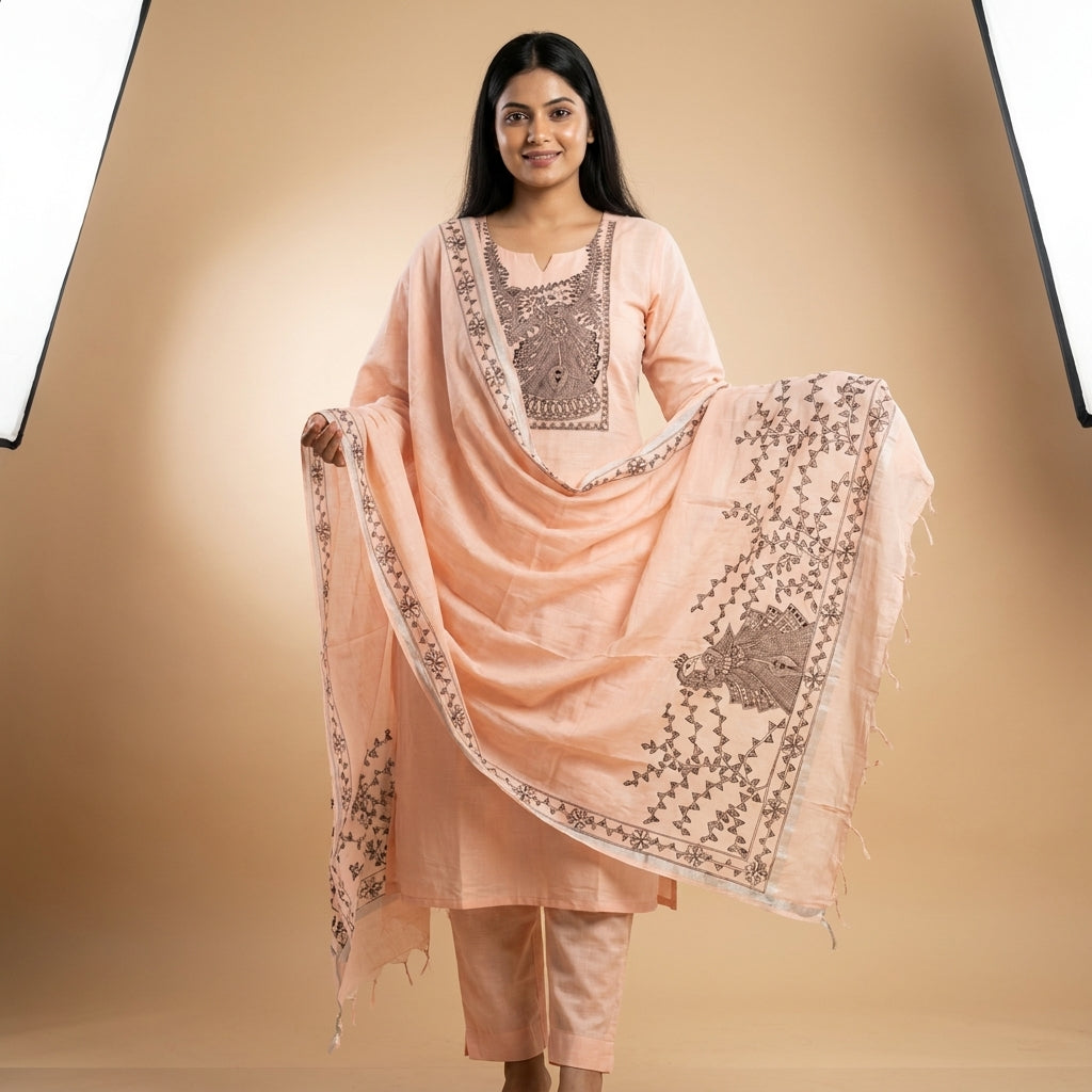 Hand-Painted Madhubani Kurti Plazzo Dupatta Set