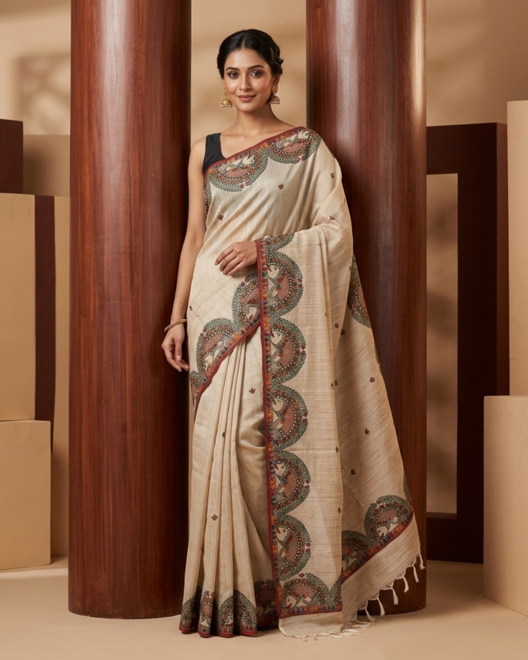 Handmade Madhubani Painting Tussar  Saree with Blouse – Traditional Ethnic Wear for Women