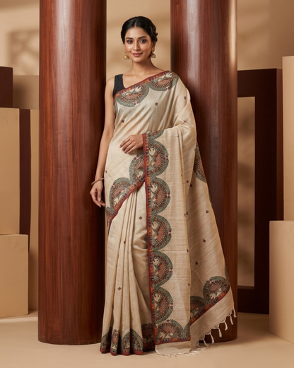Handmade Madhubani Painting Saree with Blouse for Women
