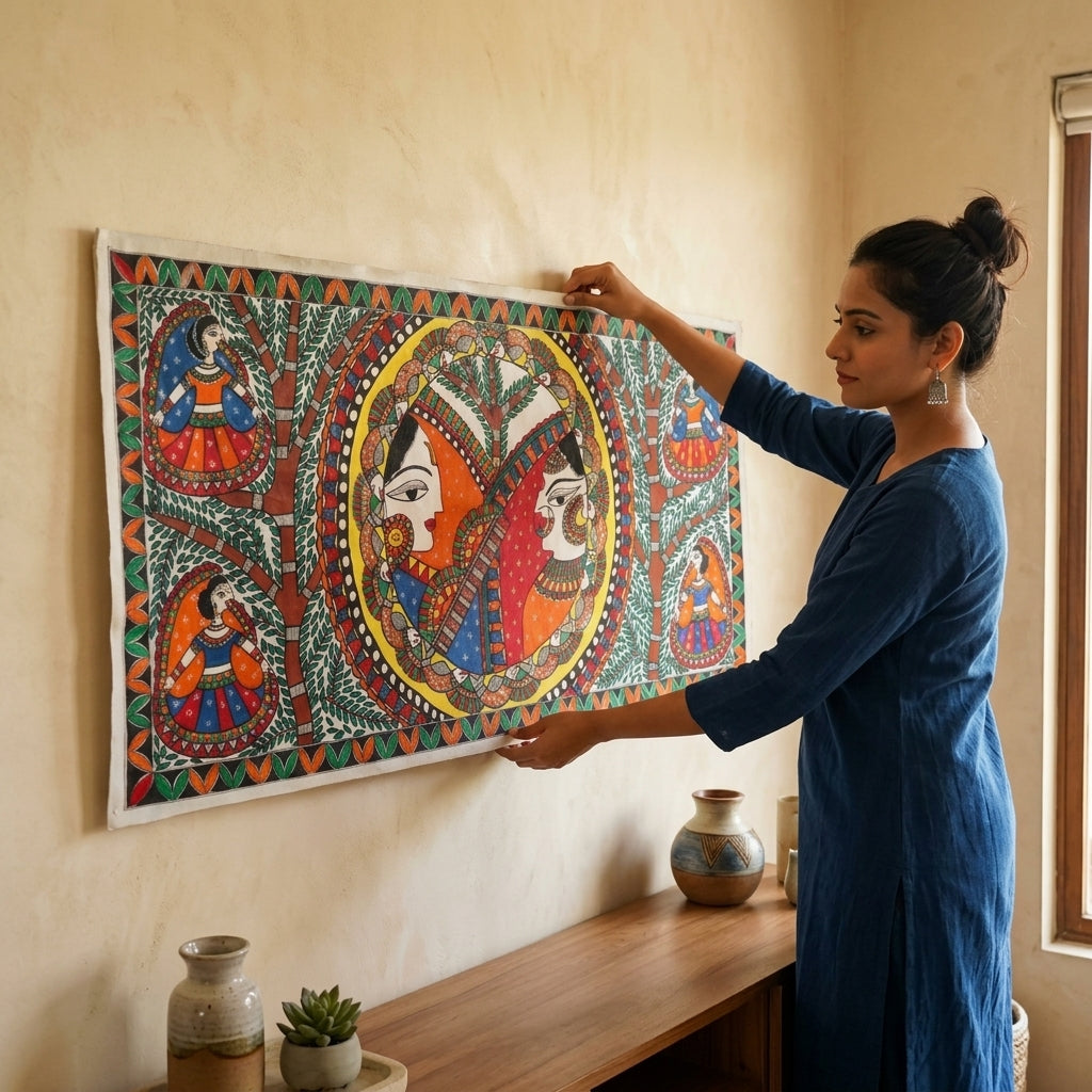 Krishna Radha Rashlila Madhubani Painting Canvas Wall Art Without Frame