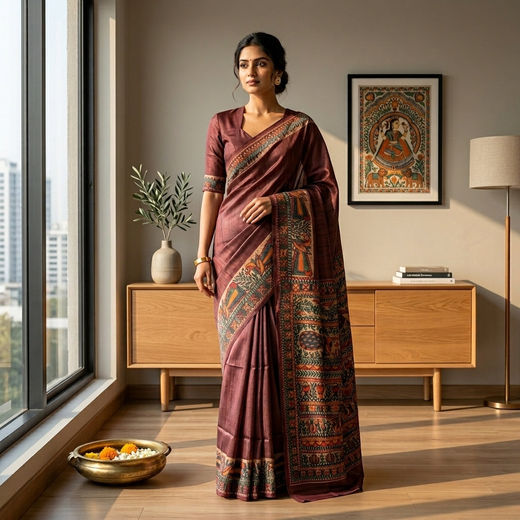 Handmade Madhubani Painting Silk Saree with Blouse | Ethnic Saree for Women