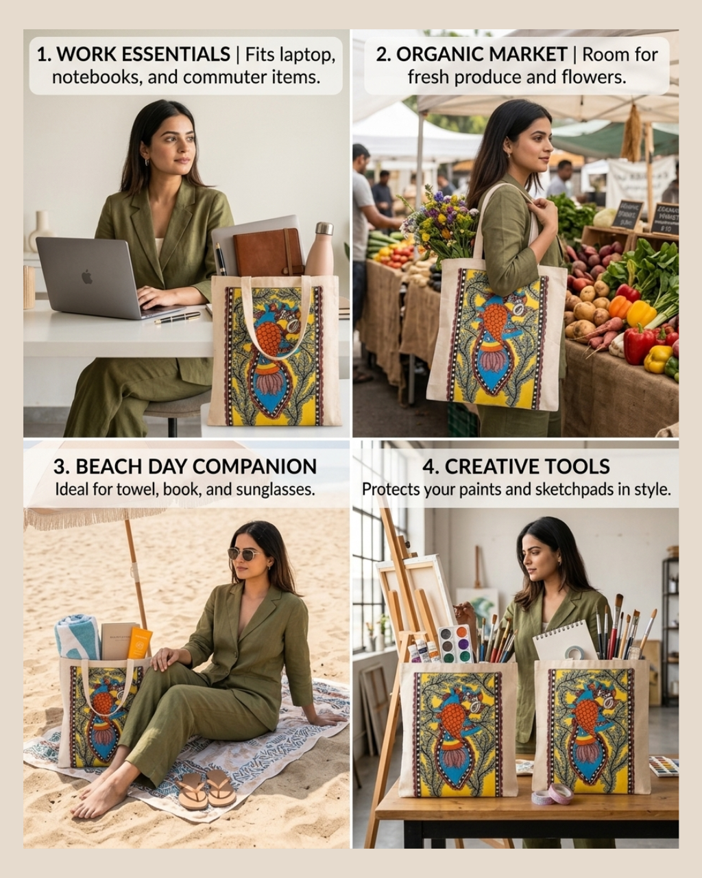 Handcrafted Madhubani Painting Tote Bag –  Eco-Friendly Shopping & Everyday Carry Bag