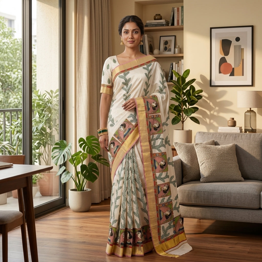 Cream Colour Handmade Madhubani Painting Saree with Blouse