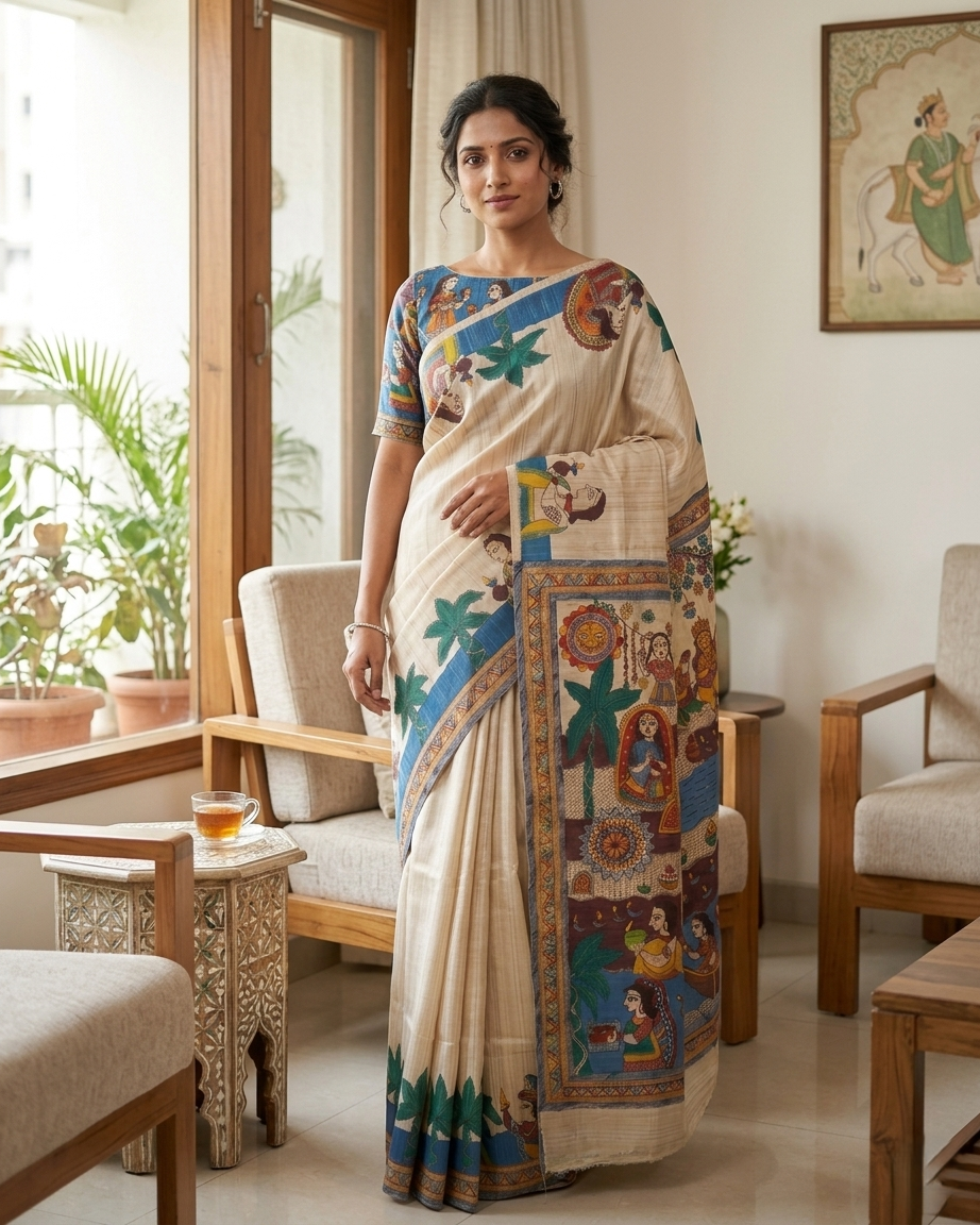 Handmade Madhubani Painting Silk Saree with Blouse | Ethnic Saree