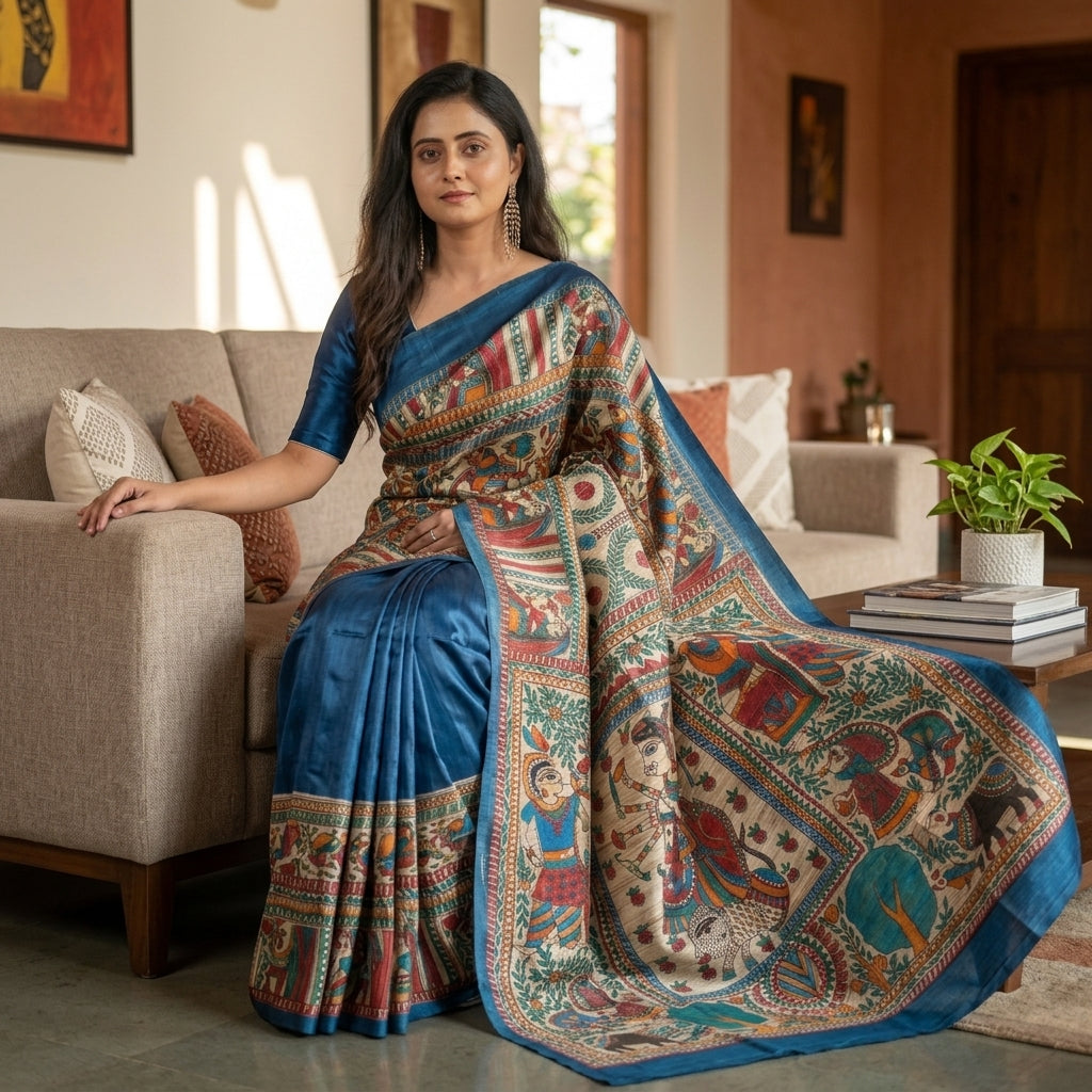 Blue Handmade Madhubani Painting  Saree with Blouse