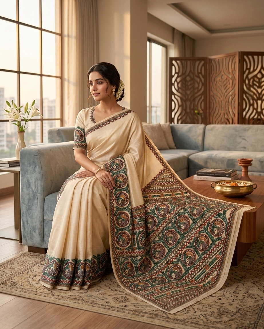 Handmade Madhubani Painting Saree with Blouse | Hand-Painted Ethnic Saree for Women