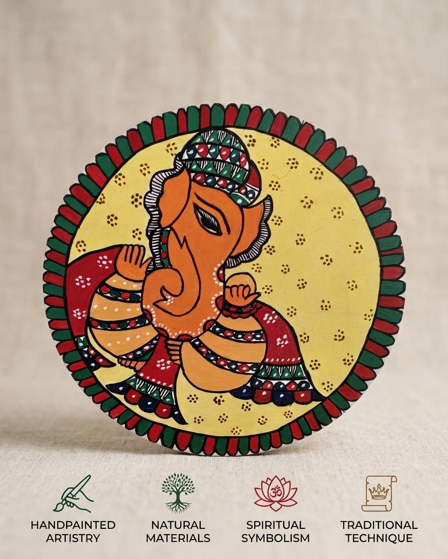 Handmade Ganesha Madhubani Painting Wall Art on MDF Board – Traditional Mithila Home Decor