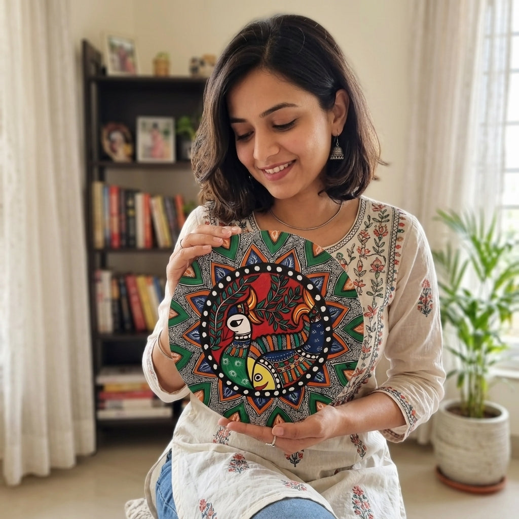 Handmade Peacock Madhubani Painting Wall Art on MDF Board | Traditional Mithila Art Decor