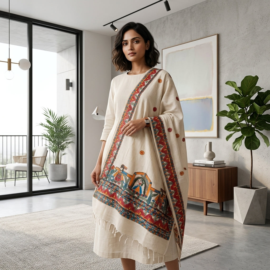 Handmade Madhubani Painting  Dupatta for Women – Handcrafted Ethnic