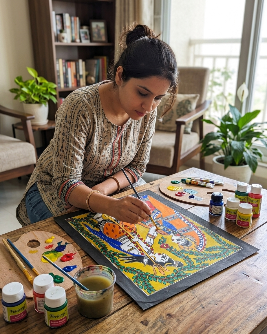 Shiv Parvati Madhubani Painting Handmade Paper Wall Art Without Frame