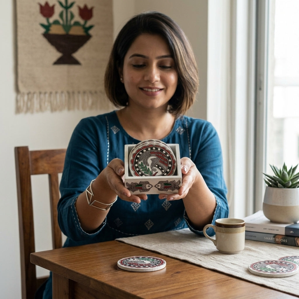 Handmade Fish Design Madhubani Coaster Set with Stand | Tea Coasters Set of 6