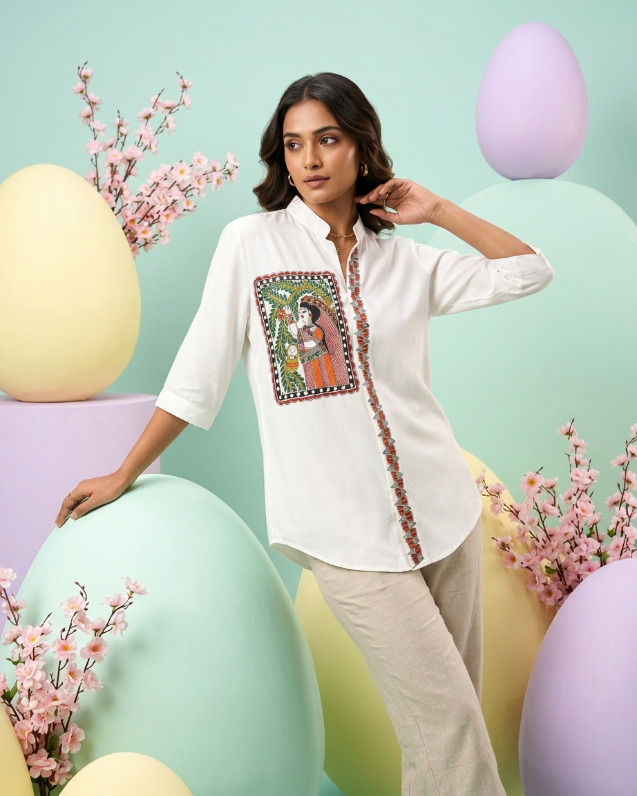 Women’s Madhubani Painting Shirt – (Size L) | Handcrafted Ethnic Designer