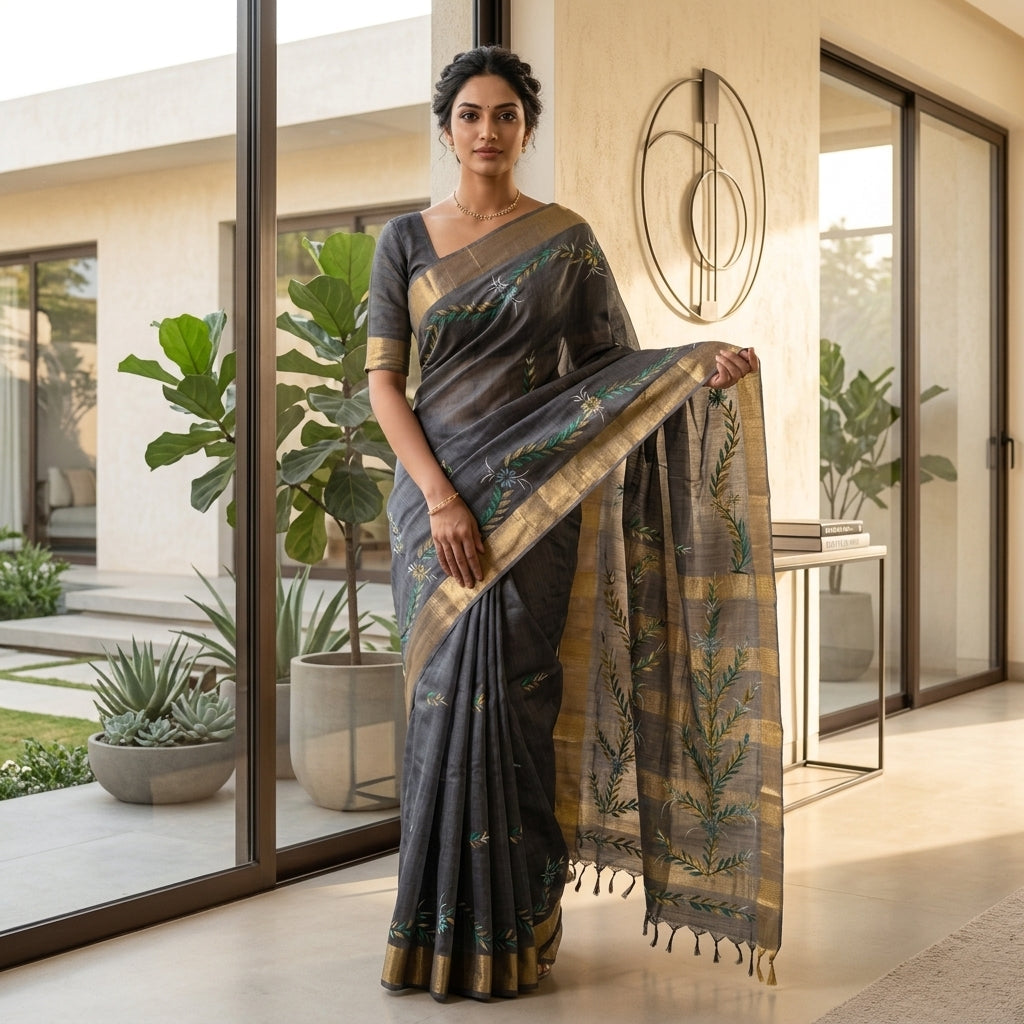 Dark Grey Handmade Madhubani Painting Saree with Blouse - Traditional Mithila Art