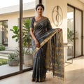 Dark Grey Handmade Madhubani Painting Saree with Blouse - Traditional Mithila Art