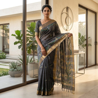 Dark Grey Handmade Madhubani Saree with Blouse