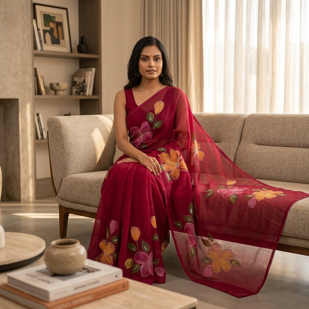 Floral Handmade Madhubani Painting Saree with Blouse  – Traditional Mithila Art Saree for Women