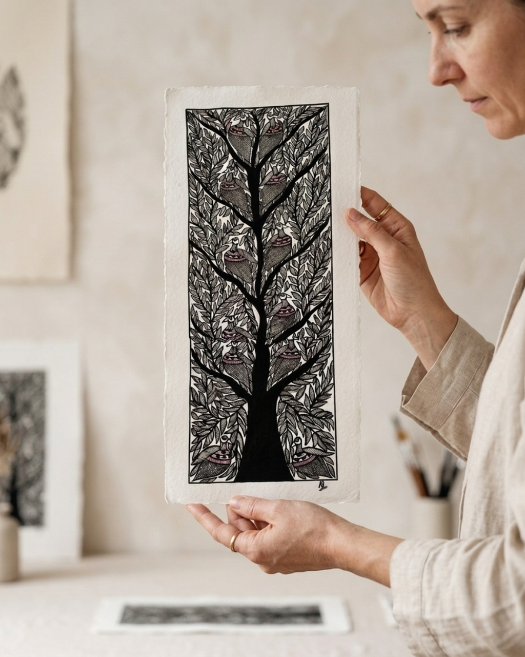 Black & White Tree of Life Madhubani Painting | Handmade Art